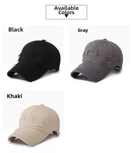 Detailed display of distressed baseball caps in black, grey, and khaki colors