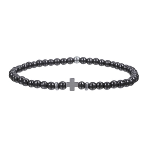 Men's hematite cross bracelet with 4mm black volcanic stone beads for couples