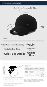 Size chart for men's winter wool baseball cap with head measurement guide and dimensions