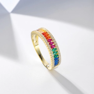 Rainbow marquise gemstone S925 silver gold-plated ring with micro-pave crystals