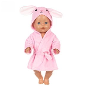 Detail of pink rabbit-themed soft fleece bathrobe with long ears for 18-inch baby dolls