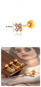 Detailed close-up of 18K gold-plated flower cartilage studs with colorful zircon stones