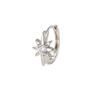 Elegant silver star hoop earrings with sparkling clear cubic zirconia on white background