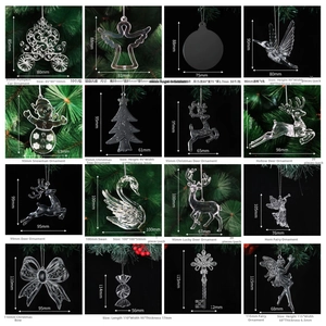 Detailed size specifications for 16 crystal acrylic holiday pendant styles and charms