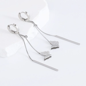 Exquisite silver butterfly tassel earrings with frosted texture and sparkling diamond studs
