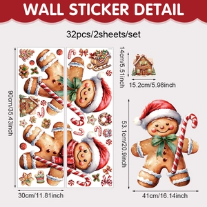 Christmas gingerbread man and candy house wall stickers set with 32pcs decals dimensions