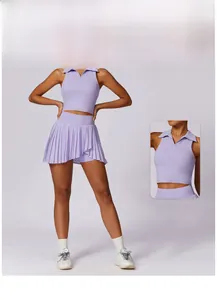 Détail de la jupe de tennis plissée lavande en tissu hautement élastique à séchage rapide