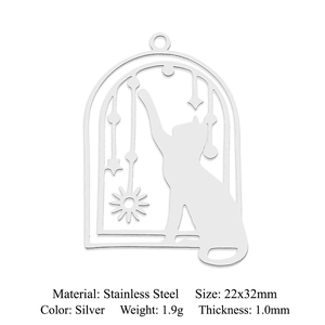 Silver stainless steel cat silhouette pendant with moon and stars 22x32mm DIY accessory