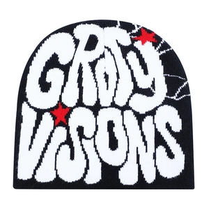Knitted jacquard beanie with graffiti letters and red star for winter warmth
