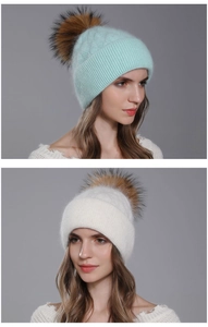 Women's Angora rabbit fur knit hats with raccoon fur pom-poms in green and white