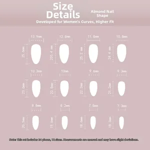 Size chart showing almond-shaped green St. Patrick's Day press-on nails with 12 dimensions