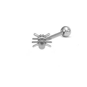 Polished silver stainless steel spider-shaped tongue piercing ring on a white background