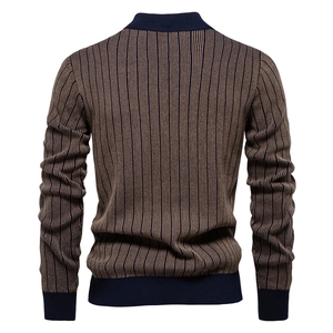 Back view of high-quality men's striped knit sweater with vertical brown and navy patterns
