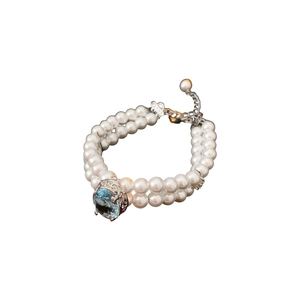 Collier double rang de perles style français avec zircon bleu et métal ciselé