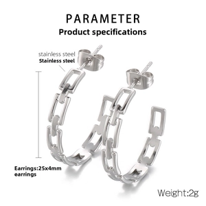 Detail view of silver Cuban link hoop earrings with 25x4mm dimensions and butterfly backs