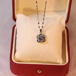 Elegant silver double heart pendant necklace with zircon stones in red gift box