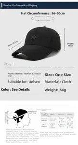 Tabella taglie cappello baseball: visiera 10,5 cm e circonferenza regolabile 56-60 cm