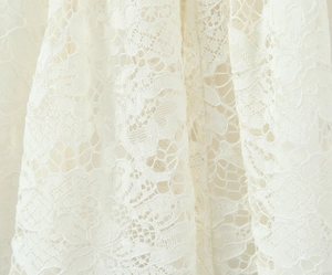 Macro shot of ivory floral lace fabric showing intricate cutout embroidery details