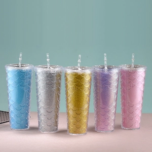 Set of five colorful glitter mermaid fish scale tumblers with straws and double walls