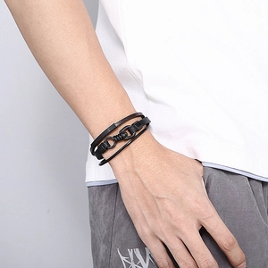 Bracelet multicouche en cuir tressé noir pour homme avec fermoir en acier inoxydable vintage