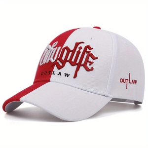 Red and white two-tone baseball cap with 3D Thug Life and Outlaw embroidery details
