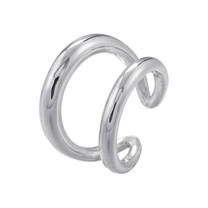 Close-up of a double-layered silver ear cuff with a polished finish and open design