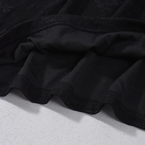 Close-up of black lace hem featuring intricate floral mesh and soft elastic lining