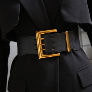 Women Wide Elastic Waist Belt Retro Faux Leather Gold Square Pin Buckle Fashion Corset Waistband For Coat Dress