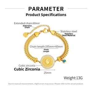 Detail view of gold coin bracelet with evil eye charm and clear size measurements