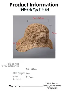 Size chart for handmade straw hat with 54-59cm circumference and 9.5cm brim dimensions