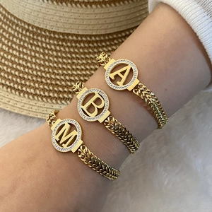 Letter Pendant Bracelet Stainless Steel Gold Plated With Zirconia Rhinestones Double Row Cuban Link Chain Fashion Jewelry