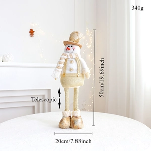 Detail of telescopic legs on a gold and white Christmas snowman doll for home decor