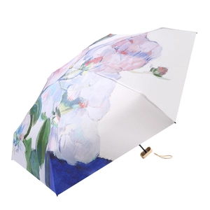 Artistic oil painting floral print folding umbrella with a lightweight wood handle