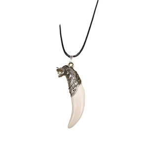 Wolf tooth resin pendant necklace with silver wolf head on black braided leather cord