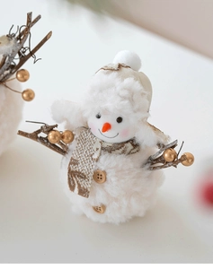 Detailed close-up of plush Christmas snowman with knitted hat and golden berry branch arms