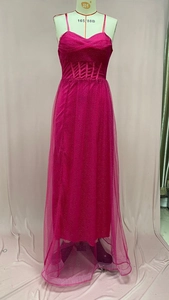 Detailed corset fishbone structure and glitter sequins on rose red strapless maxi dress