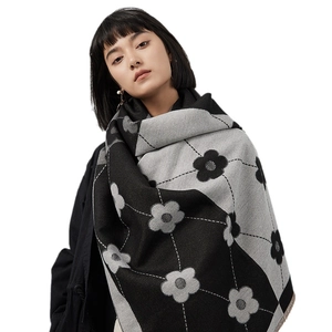 Women's thick cashmere-feel scarf with black and grey floral patterns and fringe