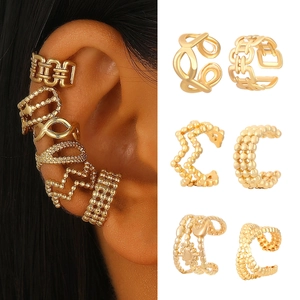 Geometric Gold Plated Copper Ear Cuffs C Shaped Non Piercing Ear Clips For Women Bohemian Sun Moon Beaded Set