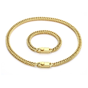 Polished golden curb chain jewelry set with necklace and bracelet featuring square clasps