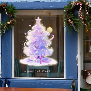 Purple Glow Christmas Tree Window Cling Static PVC Sticker Double Sided UV Print Festive Decor For Glass Door Shop Mall