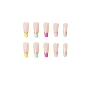 Rainbow French tip press-on nails in long coffin shape with colorful edges and gold glitter