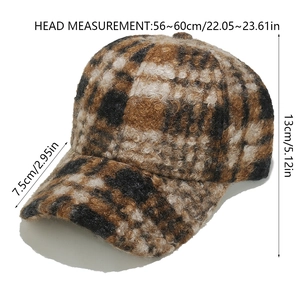 Detail view of winter plaid baseball cap showing dimensions 56-60cm and adjustable strap