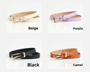 Close-up of four skinny PU leather belts in beige, purple, black, and camel with gold buckles