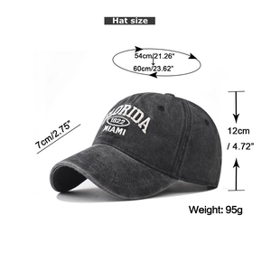Detail view of washed cotton baseball cap with Florida embroidery and size specifications
