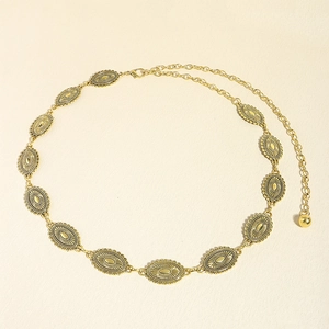 Vintage golden metal chain belt featuring bohemian engraved oval plates and adjustable clasp