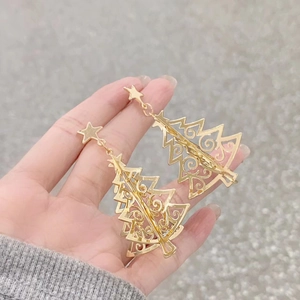 3D Christmas tree drop earrings in gold finish with star stud for holiday jewelry