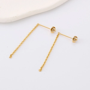 Minimalist 18K gold plated chain tassel earrings with butterfly back on white surface