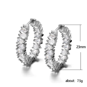 Silver hoop earrings with pear-shaped AAA zircons and 23mm outer diameter specs