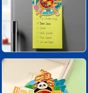 Detail of 3D panda fridge magnet holding a memo on metal surface showing layered design