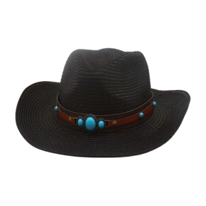 Vue détaillée d'un chapeau de cowboy en paille noire avec bandeau ethnique turquoise